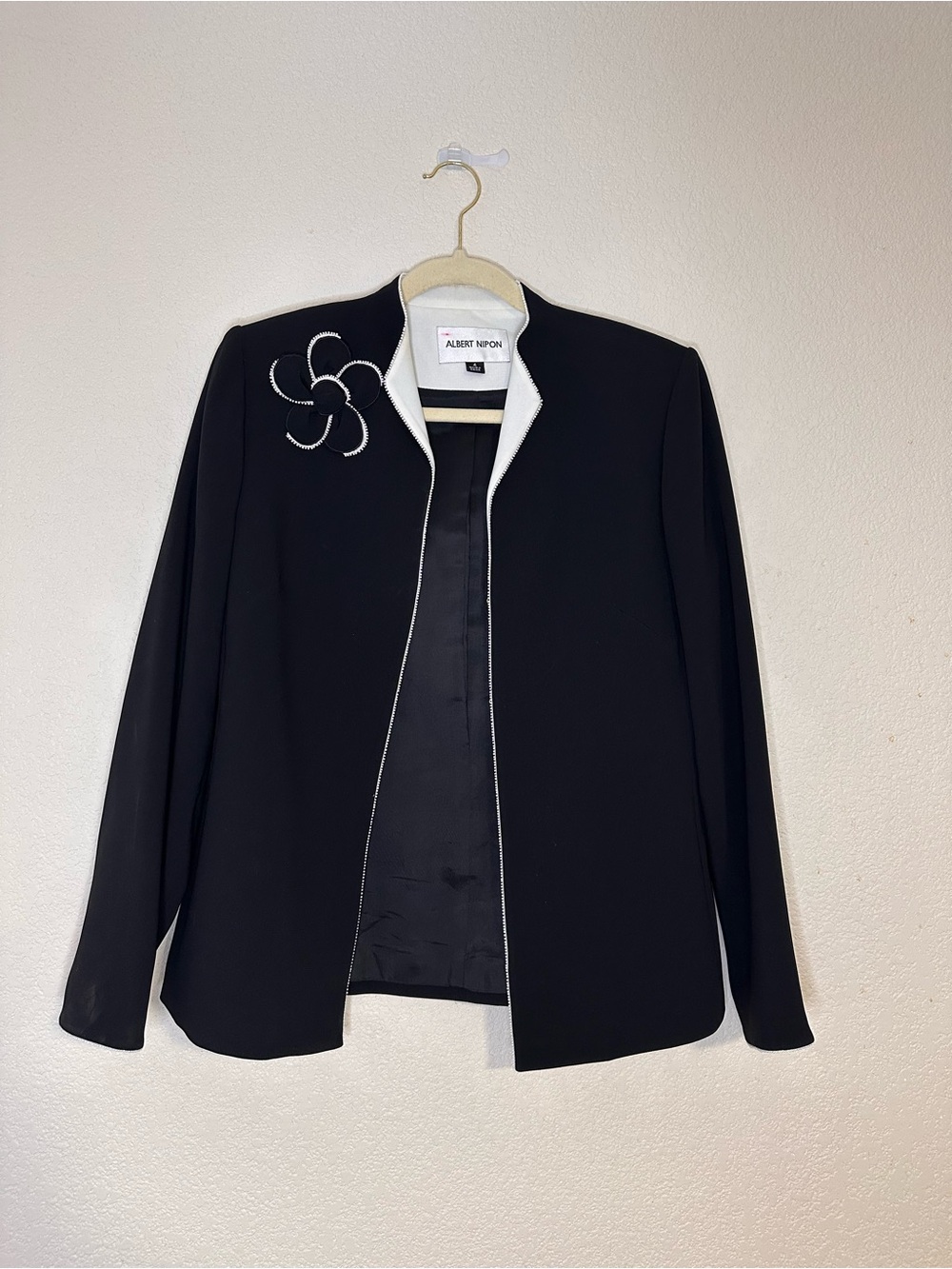 Albert Nipon Black Jacket with White Trim and Floral Detail